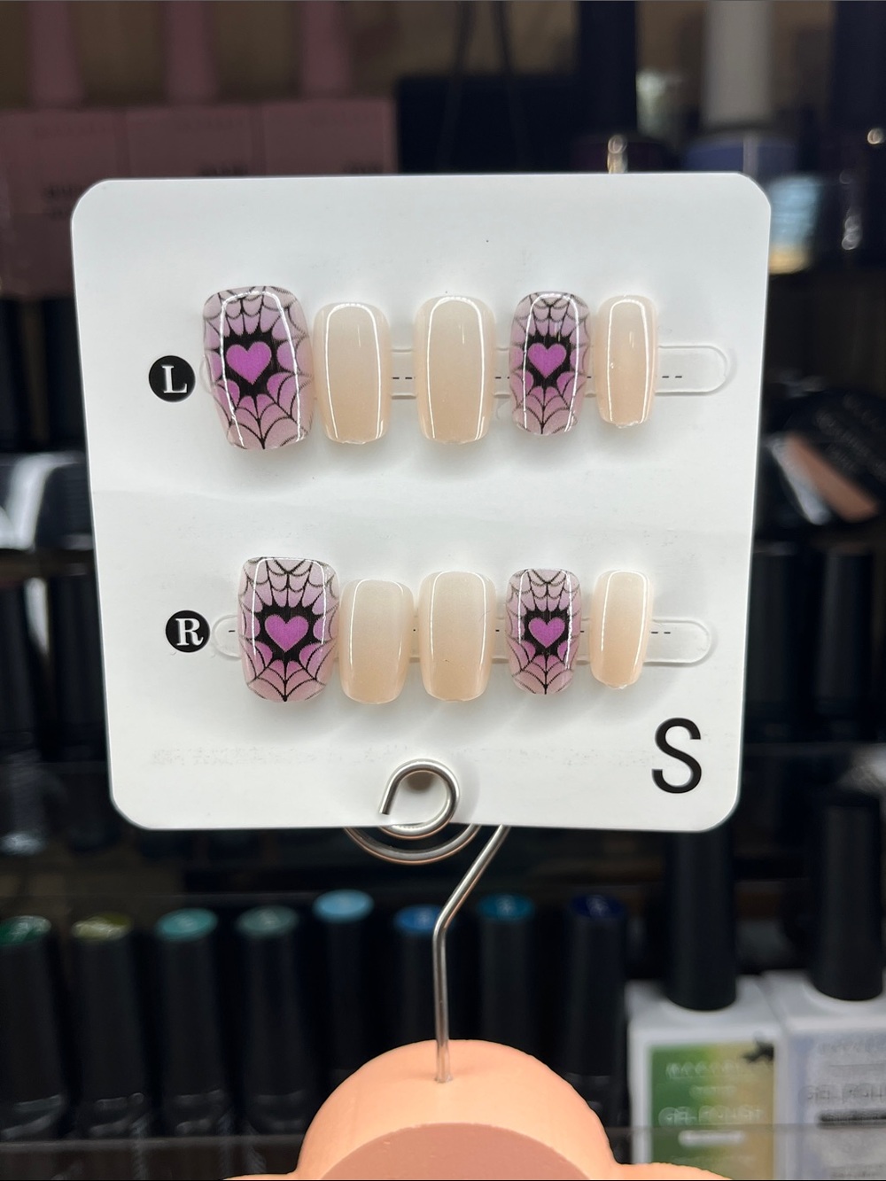 Halloween Press-On Nails with Pink Heart Spiderweb small Short